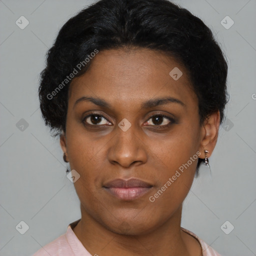 Neutral black young-adult female with short  brown hair and brown eyes