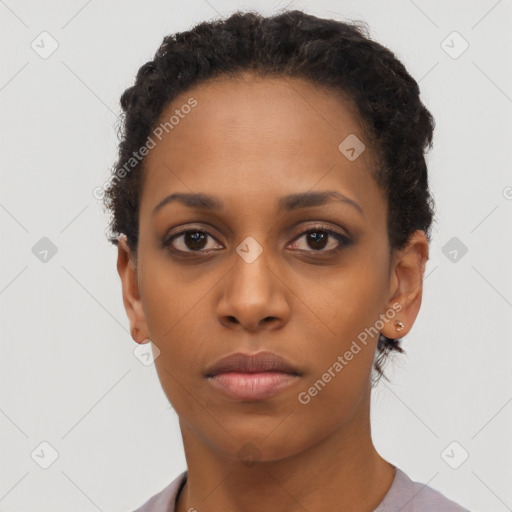 Neutral black young-adult female with short  black hair and brown eyes