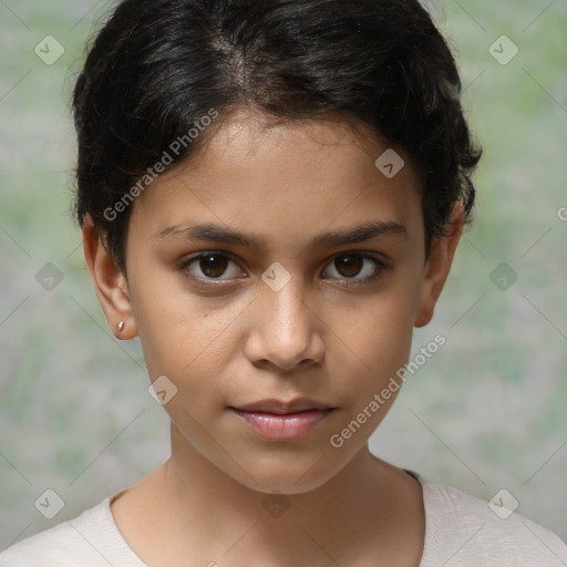 Joyful white child female with short  brown hair and brown eyes