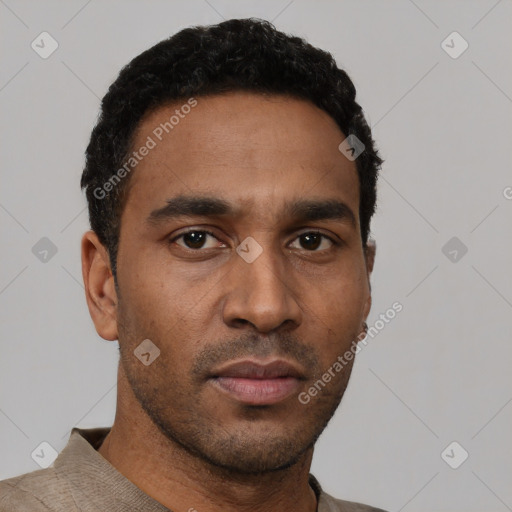 Neutral latino young-adult male with short  black hair and brown eyes