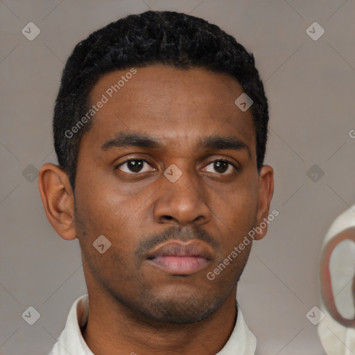 Neutral black young-adult male with short  black hair and brown eyes