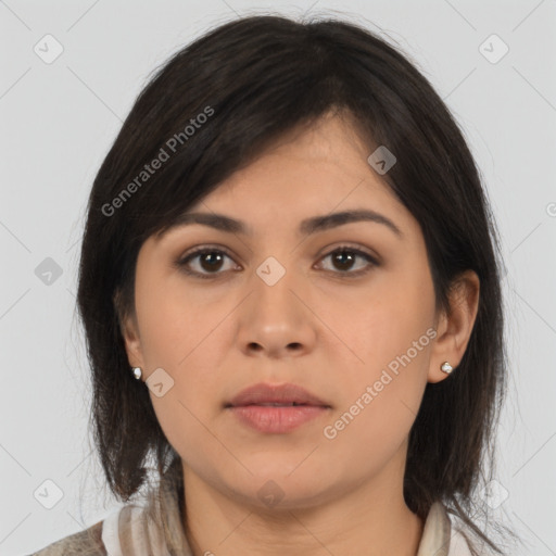 Neutral asian young-adult female with medium  brown hair and brown eyes