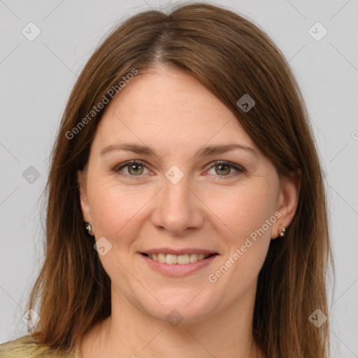 Joyful white young-adult female with long  brown hair and grey eyes