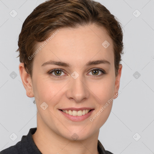 Joyful white young-adult female with short  brown hair and grey eyes