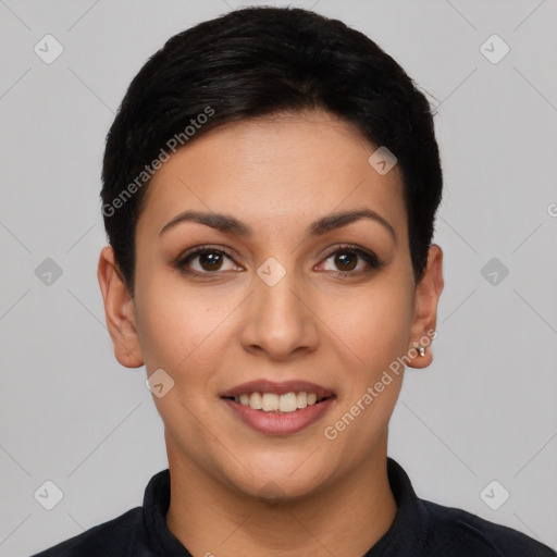 Joyful latino young-adult female with short  black hair and brown eyes