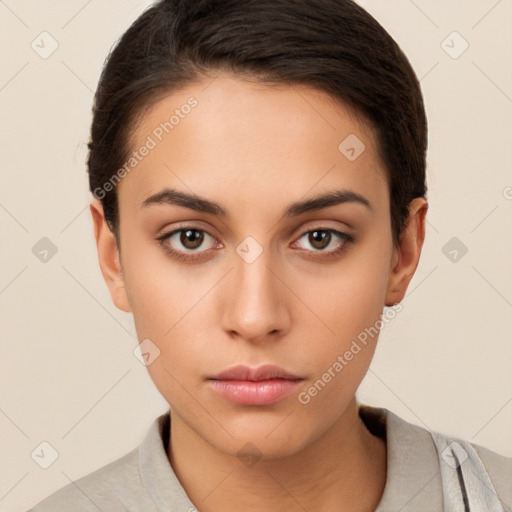 Neutral white young-adult female with short  brown hair and brown eyes