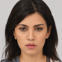 Neutral asian young-adult female with medium  brown hair and brown eyes