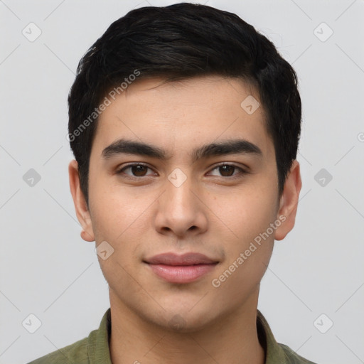 Neutral asian young-adult male with short  brown hair and brown eyes