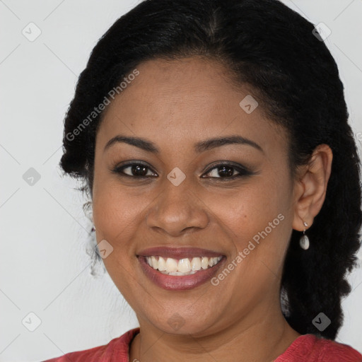 Joyful latino young-adult female with long  brown hair and brown eyes