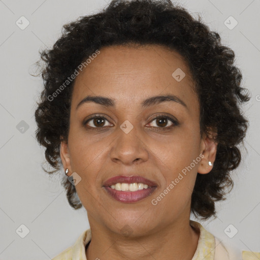 Joyful black young-adult female with medium  brown hair and brown eyes