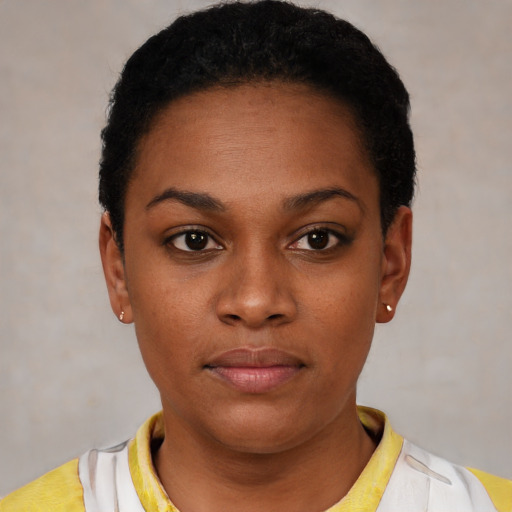 Neutral black young-adult female with short  black hair and brown eyes