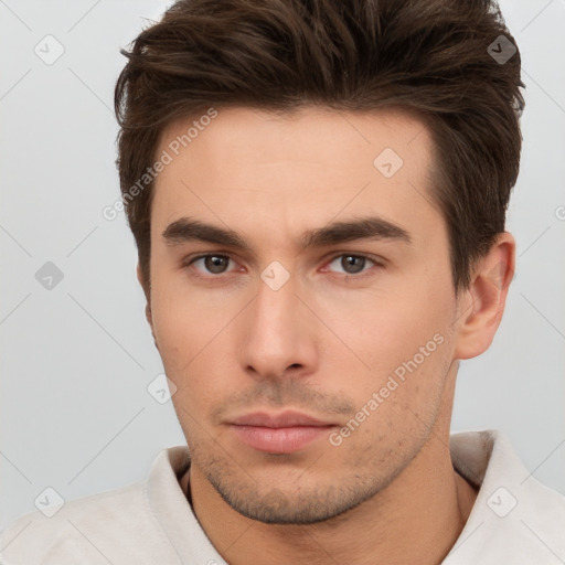 Neutral white young-adult male with short  brown hair and brown eyes