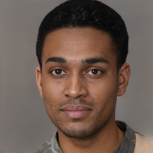 Neutral black young-adult male with short  black hair and brown eyes