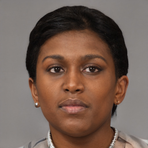 Neutral black young-adult female with short  brown hair and brown eyes