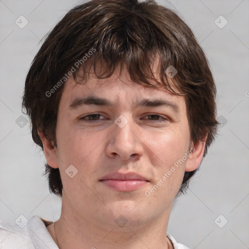 Neutral white young-adult male with short  brown hair and grey eyes