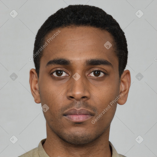 Neutral latino young-adult male with short  black hair and brown eyes