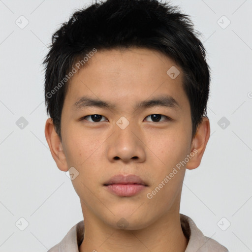 Neutral asian young-adult male with short  brown hair and brown eyes