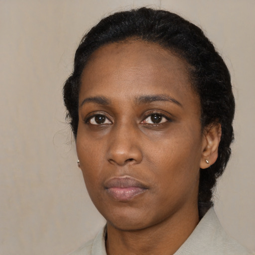 Neutral black young-adult female with medium  black hair and brown eyes