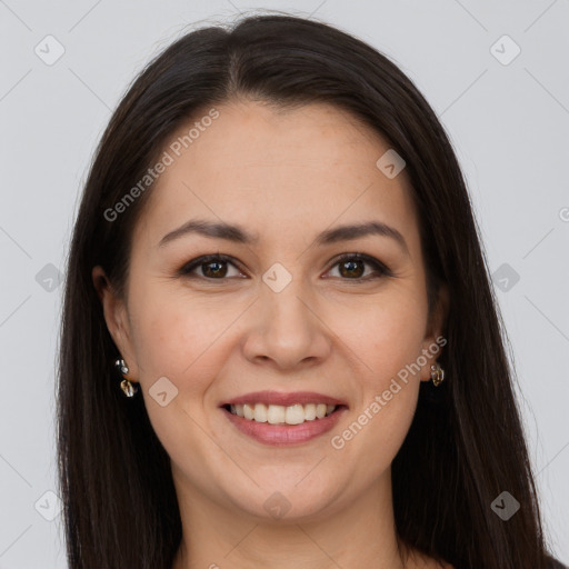 Joyful white young-adult female with long  brown hair and brown eyes