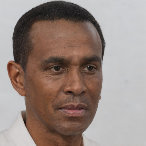 Neutral black adult male with short  brown hair and brown eyes