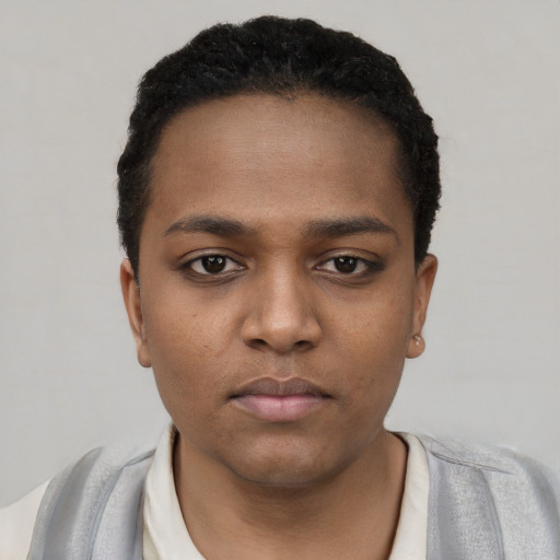 Neutral black young-adult female with short  black hair and brown eyes