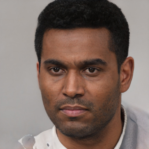 Neutral latino young-adult male with short  black hair and brown eyes