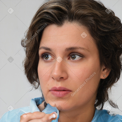 Neutral white young-adult female with medium  brown hair and brown eyes