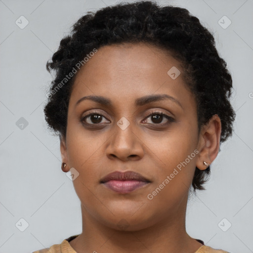 Neutral black young-adult female with short  brown hair and brown eyes