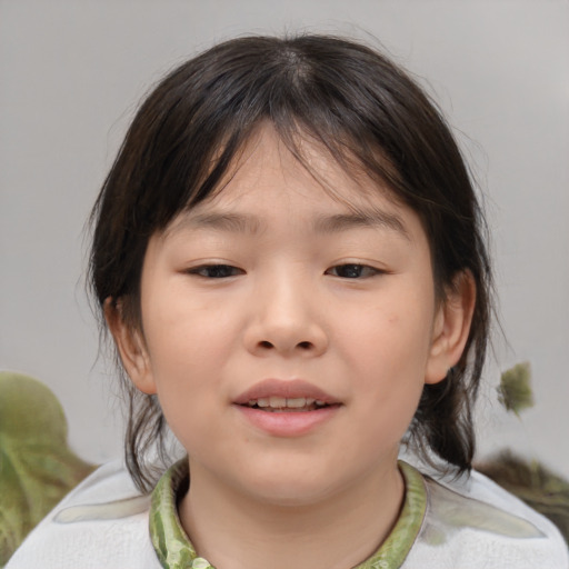 Joyful asian child female with medium  brown hair and brown eyes