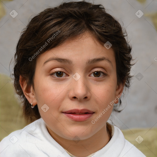 Joyful white child female with medium  brown hair and brown eyes