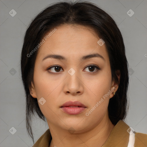 Neutral asian young-adult female with medium  brown hair and brown eyes