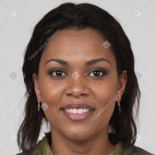 Joyful black young-adult female with medium  brown hair and brown eyes