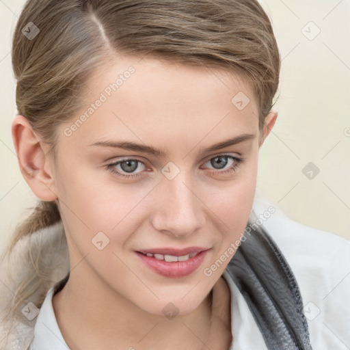 Joyful white young-adult female with medium  brown hair and blue eyes