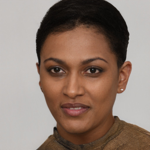 Joyful black young-adult female with short  brown hair and brown eyes