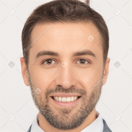 Joyful white young-adult male with short  brown hair and brown eyes