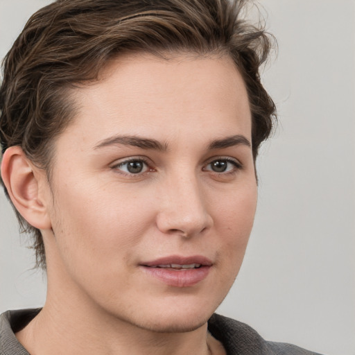 Neutral white young-adult female with medium  brown hair and grey eyes