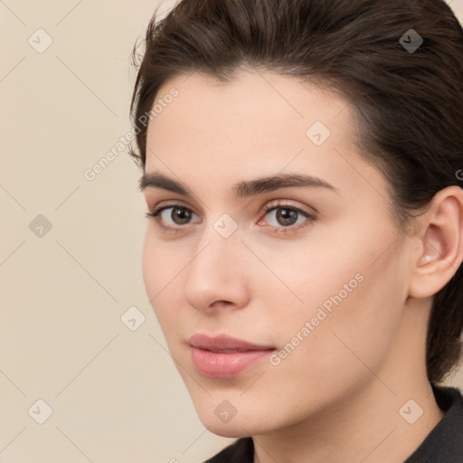 Neutral white young-adult female with medium  brown hair and brown eyes