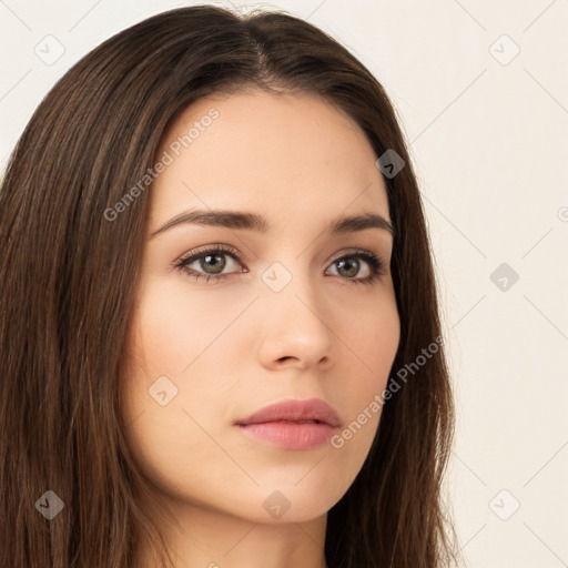 Neutral white young-adult female with long  brown hair and brown eyes