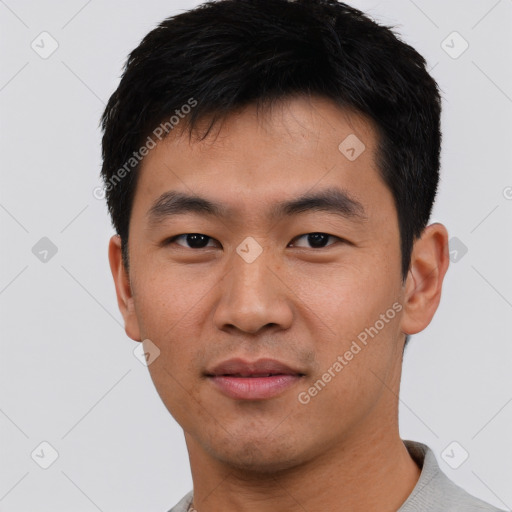 Neutral asian young-adult male with short  black hair and brown eyes