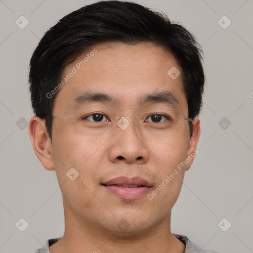 Neutral asian young-adult male with short  brown hair and brown eyes