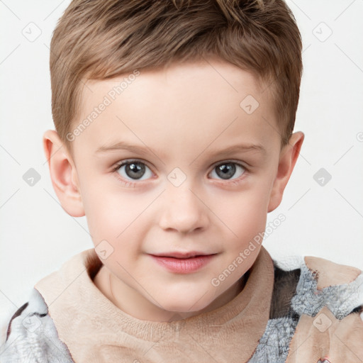 Joyful white child male with short  brown hair and grey eyes