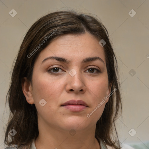 Neutral white young-adult female with medium  brown hair and brown eyes