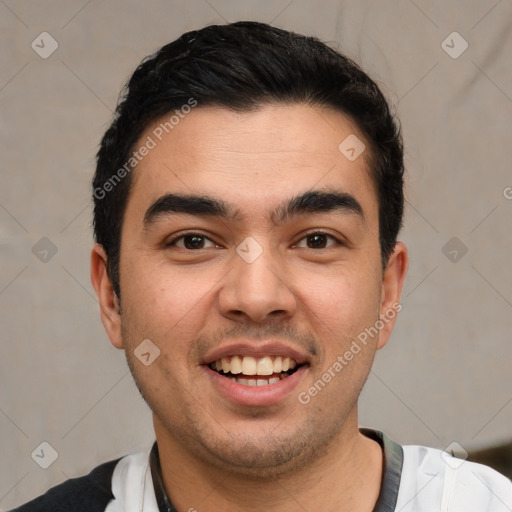 Joyful white young-adult male with short  black hair and brown eyes