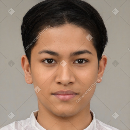 Joyful latino young-adult female with short  brown hair and brown eyes
