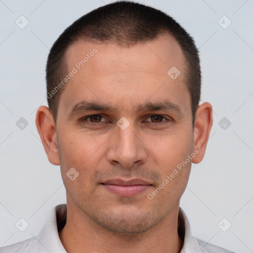 Joyful white adult male with short  brown hair and brown eyes