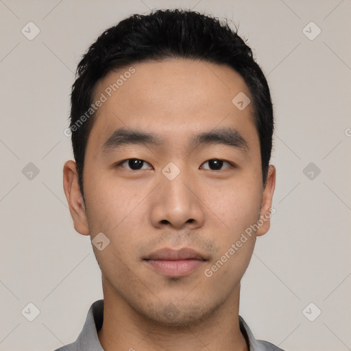 Neutral asian young-adult male with short  black hair and brown eyes