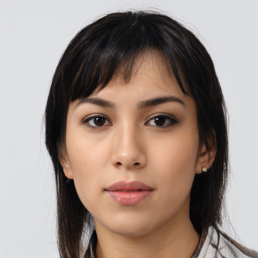 Neutral asian young-adult female with medium  black hair and brown eyes
