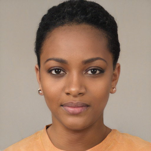 Neutral black young-adult female with short  black hair and brown eyes