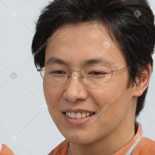 Joyful white adult female with short  brown hair and brown eyes