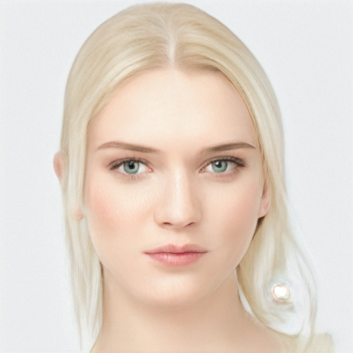 Neutral white young-adult female with medium  blond hair and blue eyes